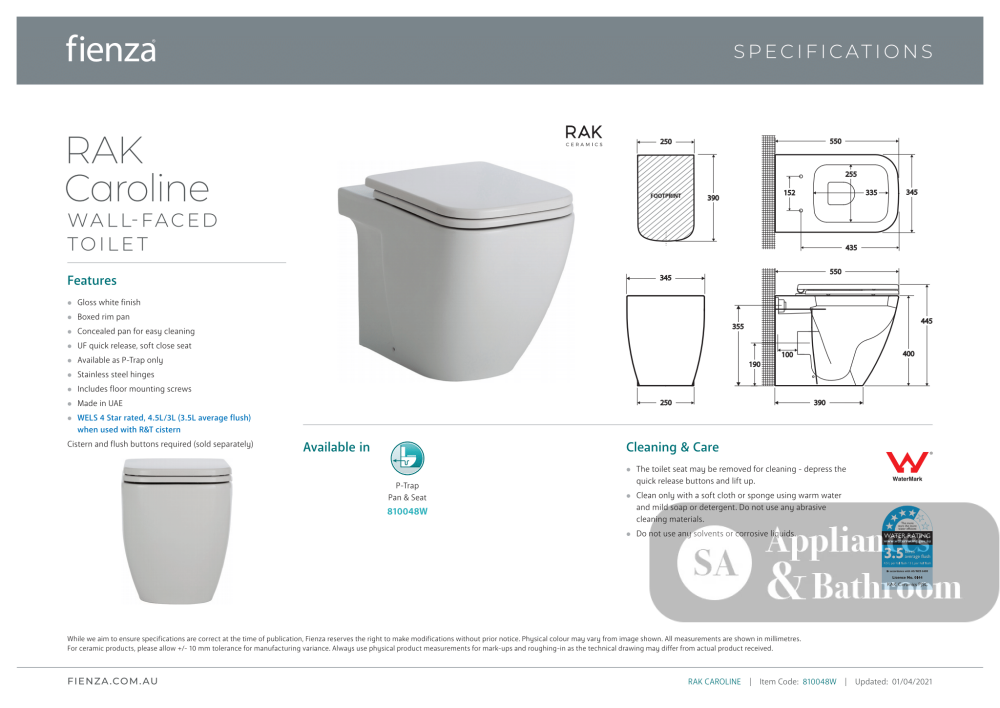Fienza Rak Caroline Wall-Faced Suite - Wall Faced Suite