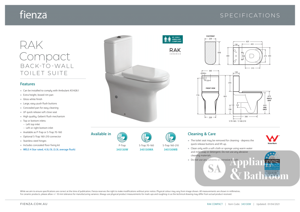 Fienza Rak Compact Back-to-Wall Suite - Back to Wall Suites