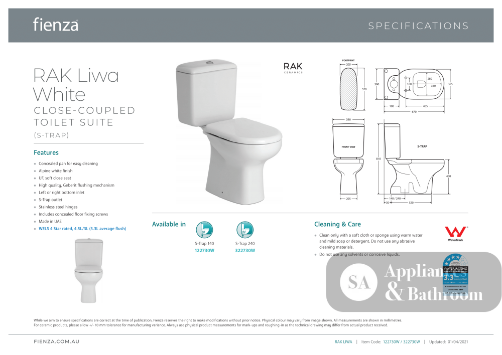 Fienza Rak Liwa Close-Coupled Suite S-Trap 140 - White - Closed Coupled Suites