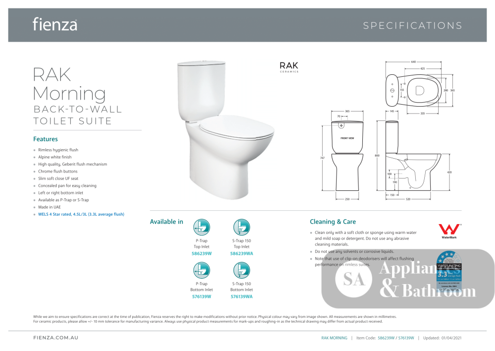 Fienza Rak Morning Back-to-Wall Suite Bottom Inlet - White - Back to Wall Suites