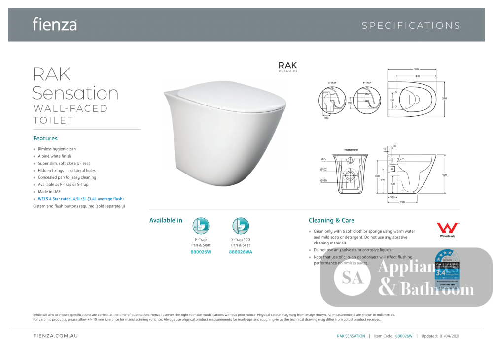 Fienza Rak Sensation Wall-Faced Suite - Wall Faced Suite