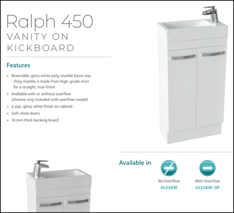 Fienza Ralph 4525Kw 450Mm White Vanity Unit On Kickboard - Special Order Units