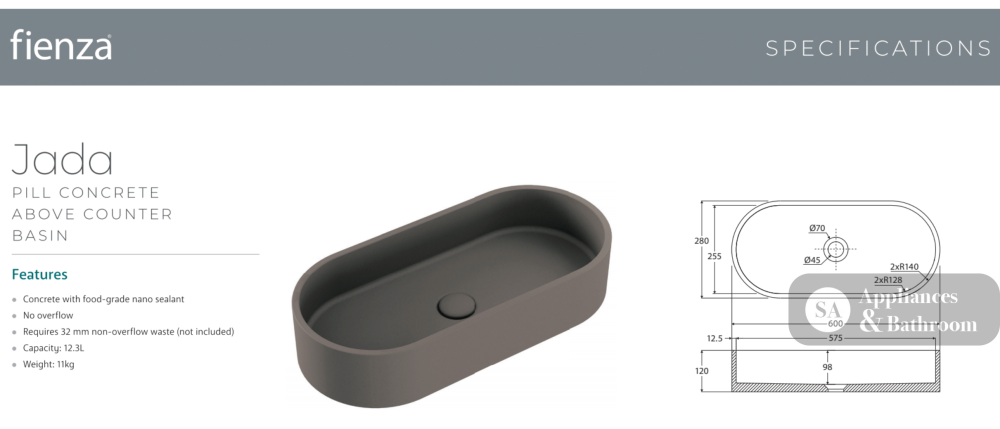 Fienza RB013 Jada Pill Concrete Above Counter Basin Warm Grey - Basins
