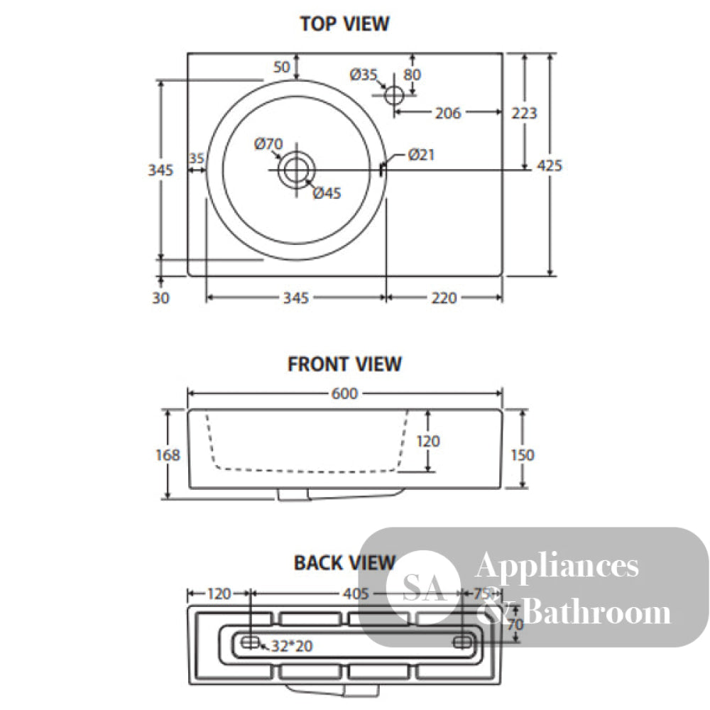 Fienza RB039L Reba Left Bowl Wall Basin No Tap Hole - Basins