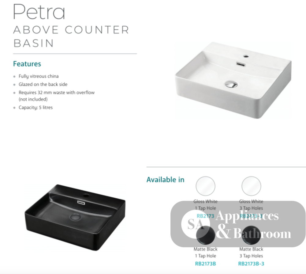Fienza RB2173B Petra Above Counter 1 Tap Hole Ceramic Basin Matte Black - Basins