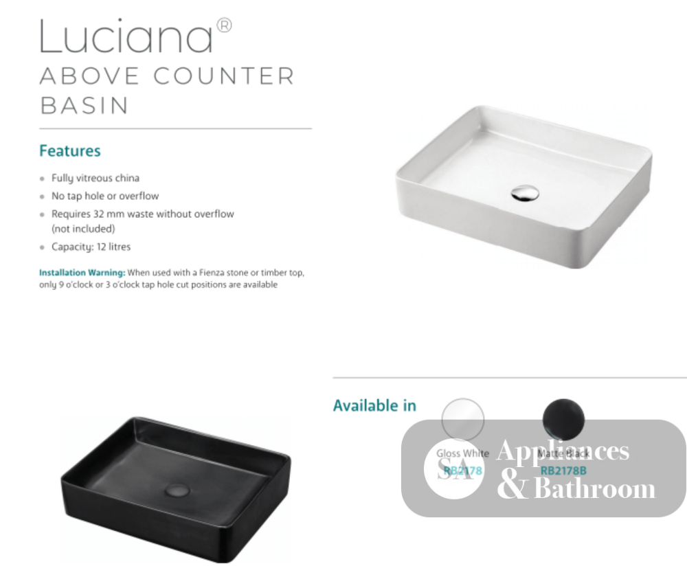 Fienza RB2178 Luciana Above Counter Ceramic Basin White - Basins