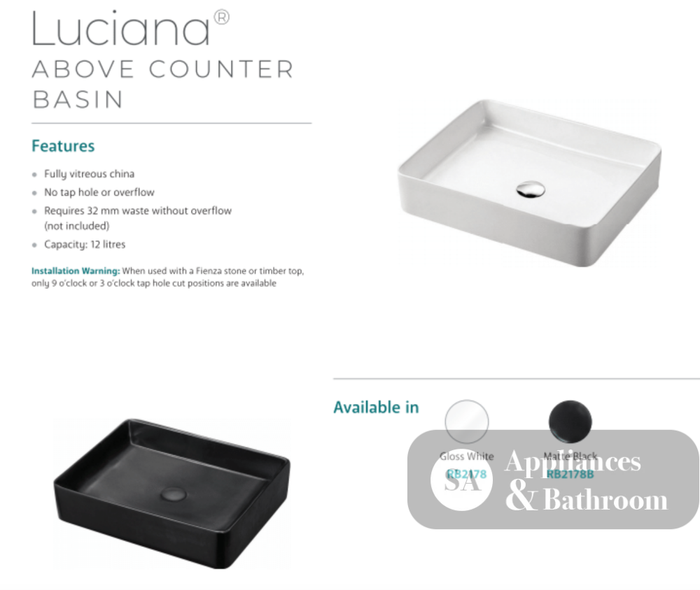Fienza RB2178B Luciana Above Counter Ceramic Basin Matte Black - Basins
