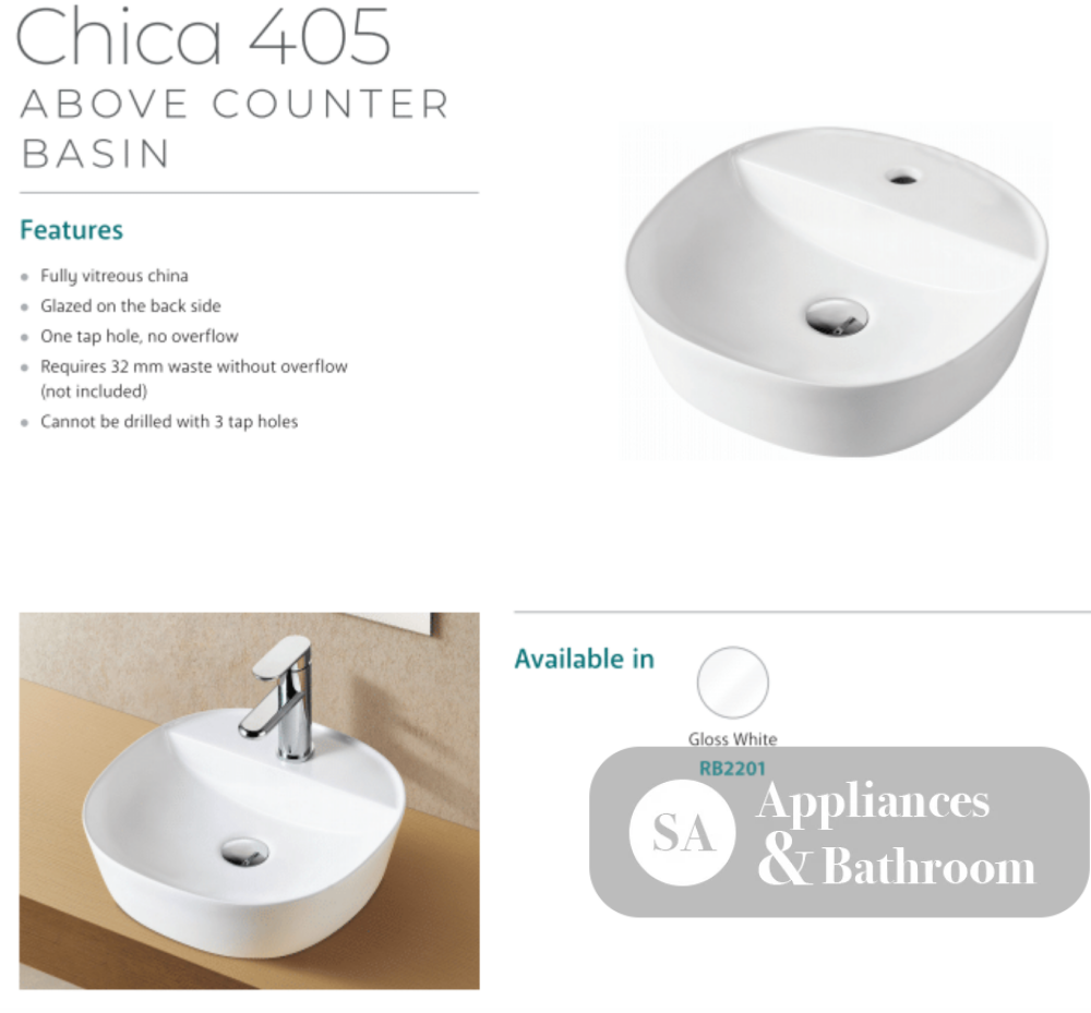 Fienza RB2201 Chica 405mm Above Counter Ceramic Basin White - Basins