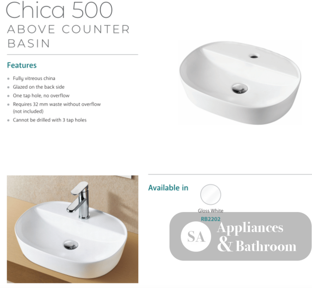 Fienza RB2202 Chica 500mm Above Counter Ceramic Basin White - Basins