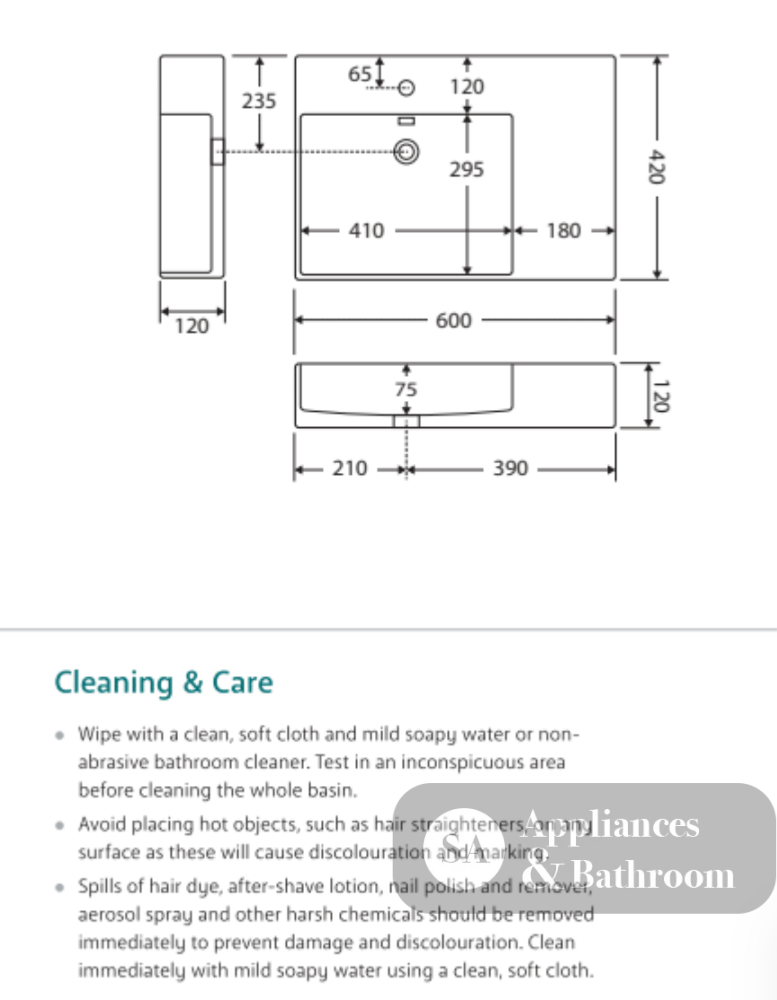 Fienza RB2223L Petra Wall Hung 1 Tap Hole Basin Left Hand White - Basins