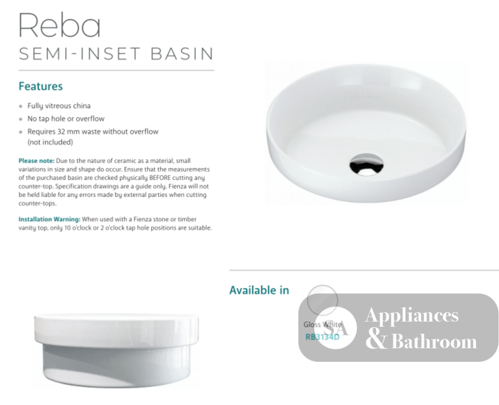 Fienza RB3134D Reba Semi Inset Ceramic Basin White - Basins