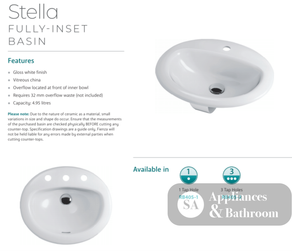 Fienza RB405-1 Stella Inset Basin 1 Tap Hole White - Basins