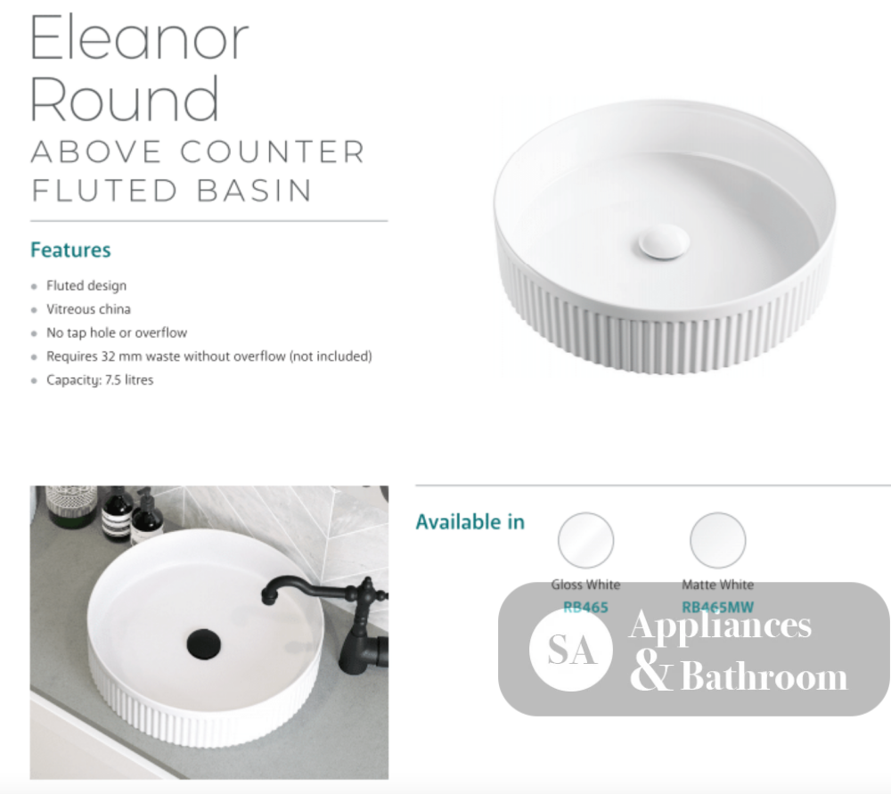 Fienza RB465 Eleanor Round Above Counter Basin Gloss White - Basins
