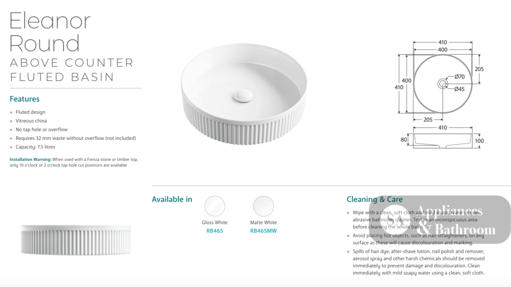 Fienza RB465MW Eleanor Round Above Counter Basin Matte White - Basins