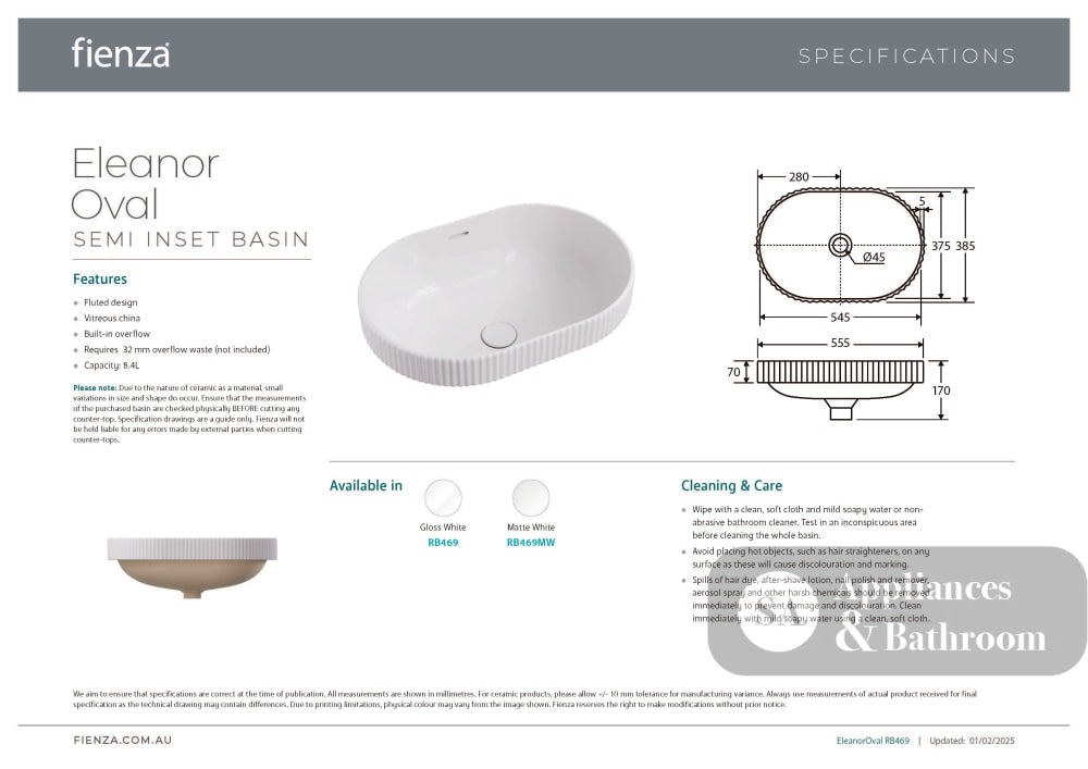Fienza RB469 Eleanor Oval Semi Inset Basin with Overflow Gloss White - Basins