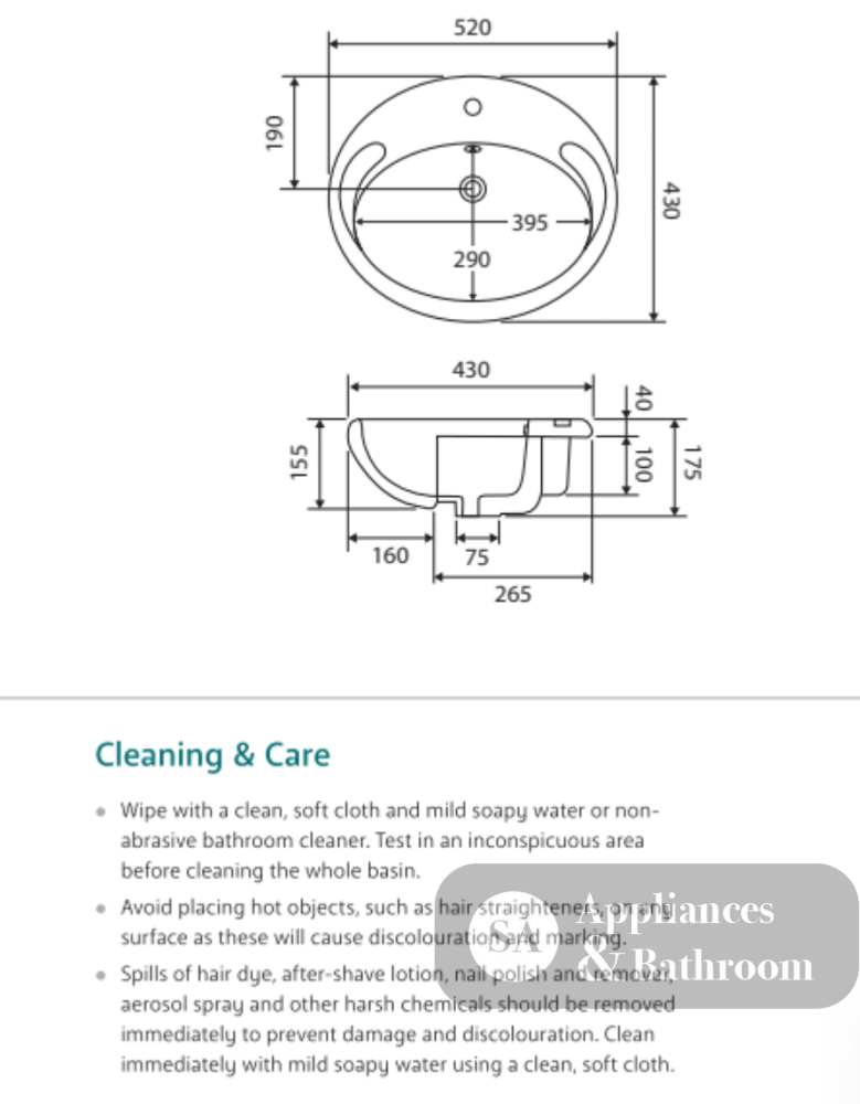 Fienza RB760 Micki 1 Tap Hole Semi Recessed Basin White - Basins