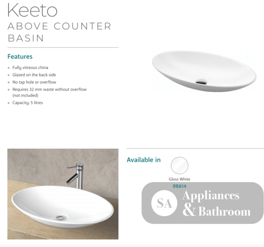 Fienza RB814 Keeto Above Counter Ceramic Basin White - Basins