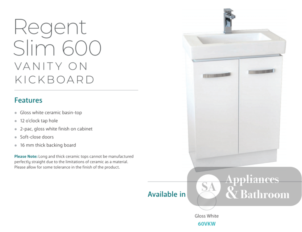 Fienza Regent 60Vkw Slim 600Mm White Vanity Unit - Special Order Units
