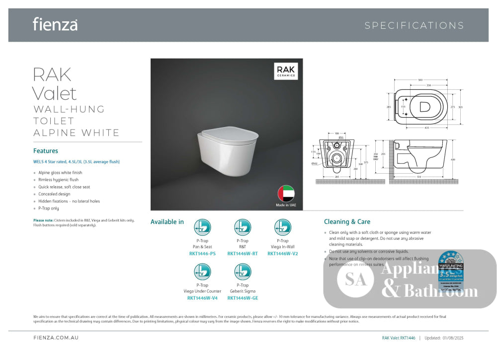 Fienza RKT1446MW-V4 Rak Valet Wall Hung Toilet Suite Viega V-04 Cistern No Button Matte White - In Wall Toilets