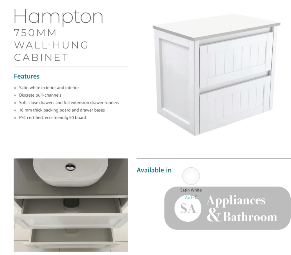 Fienza Rotondo Rot75T Hampton 750Mm Wall Hung Vanity Unit White - Special Order Units