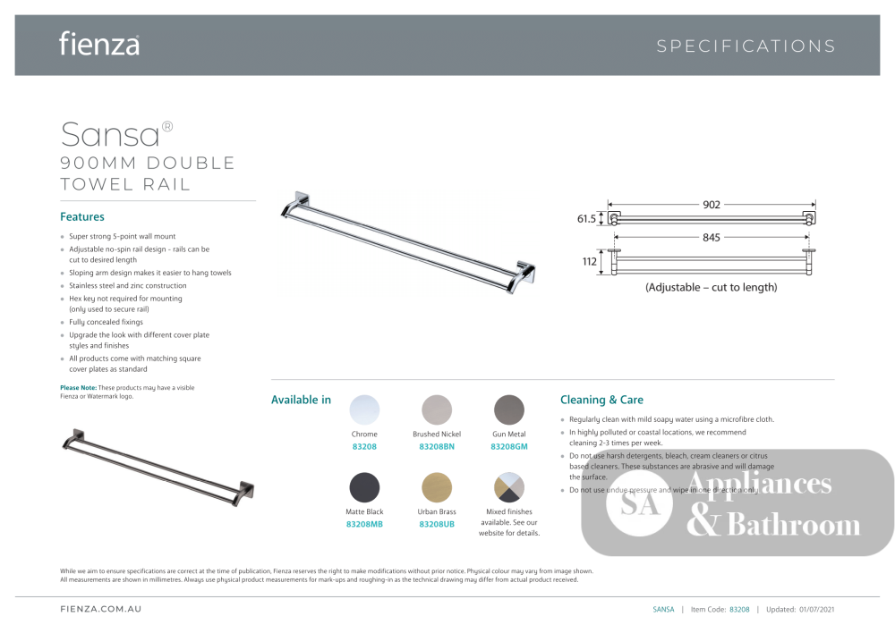 Fienza Sansa Double Towel Rail 900nn 83208GM - Gunmetal Grey - Double Towel Rail