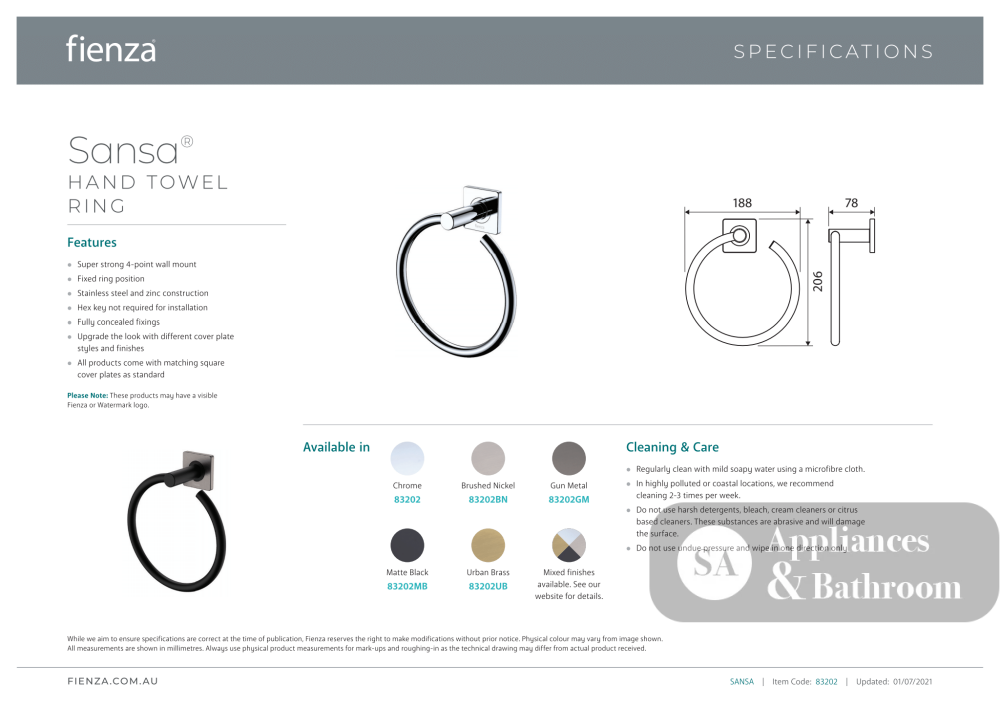 Fienza Sansa Hand Towel Ring 83202MB - Matte Black - Hand Towel Holder