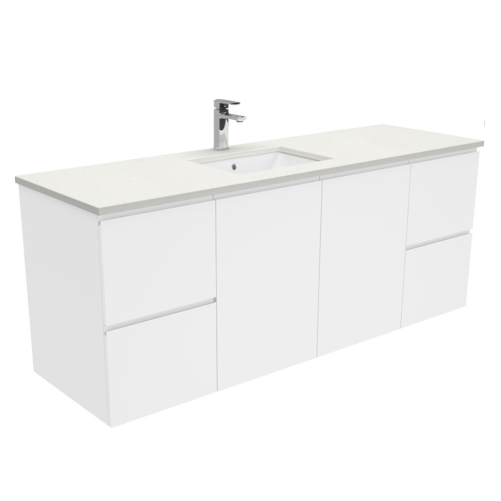 Fienza SC150FS Crystal Pure Undermount Stone Top Fingerpull 1500mm (Single Basin) Wall Hung Vanity Unit White - Vanity