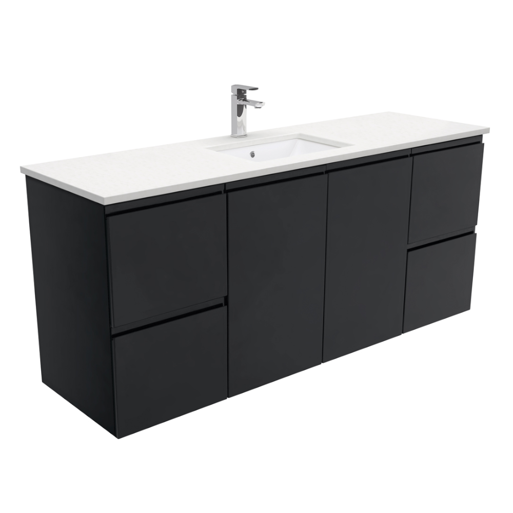 Fienza SC150ZBS Crystal Pure Undermount Stone Top Fingerpull Satin Black 1500mm (Single Basin) Wall Hung Vanity Unit