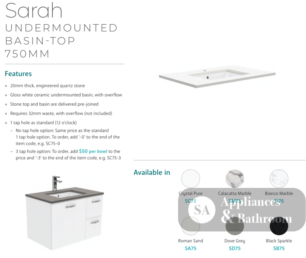 Fienza Sc75Q 750Mm Crystal Pure Undermount Stone Top Quest Wall Hung Vanity Unit White - Special