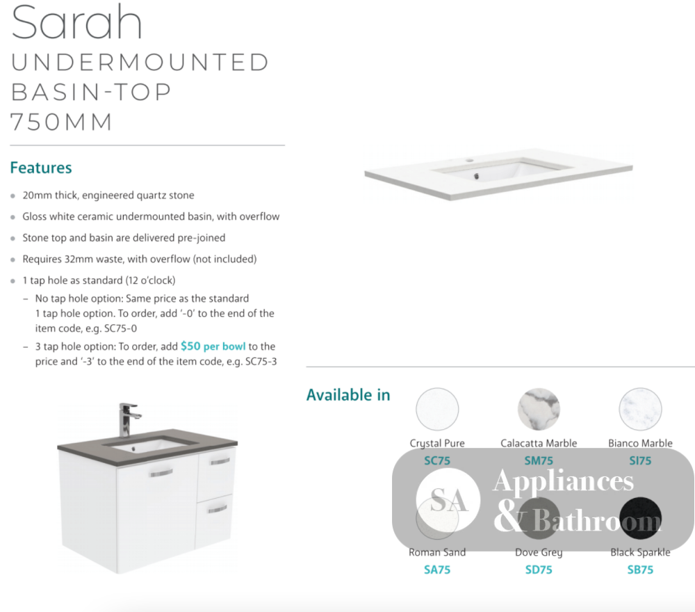 Fienza Sc75Zkr 750Mm Crystal Pure Undermount Stone Top Vanity Unit With Kickboard Fingerpull Right