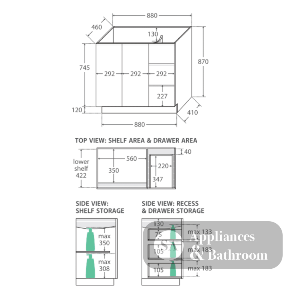 Fienza Sc90Cr 900Mm Crystal Pure Undermount Stone Top Fingerpull Vanity Unit On Kickboard Right