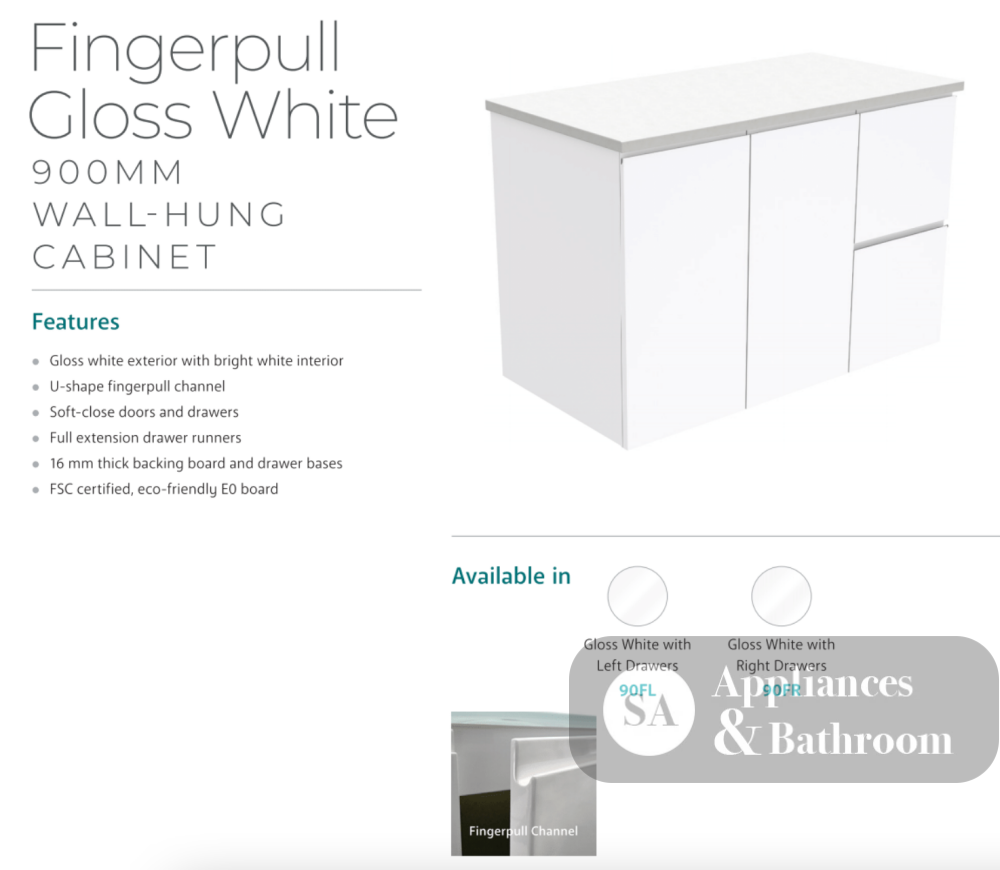 Fienza Sc90Fr 900Mm Crystal Pure Undermount Stone Top Fingerpull Wall Hung Vanity Unit Right Drawers