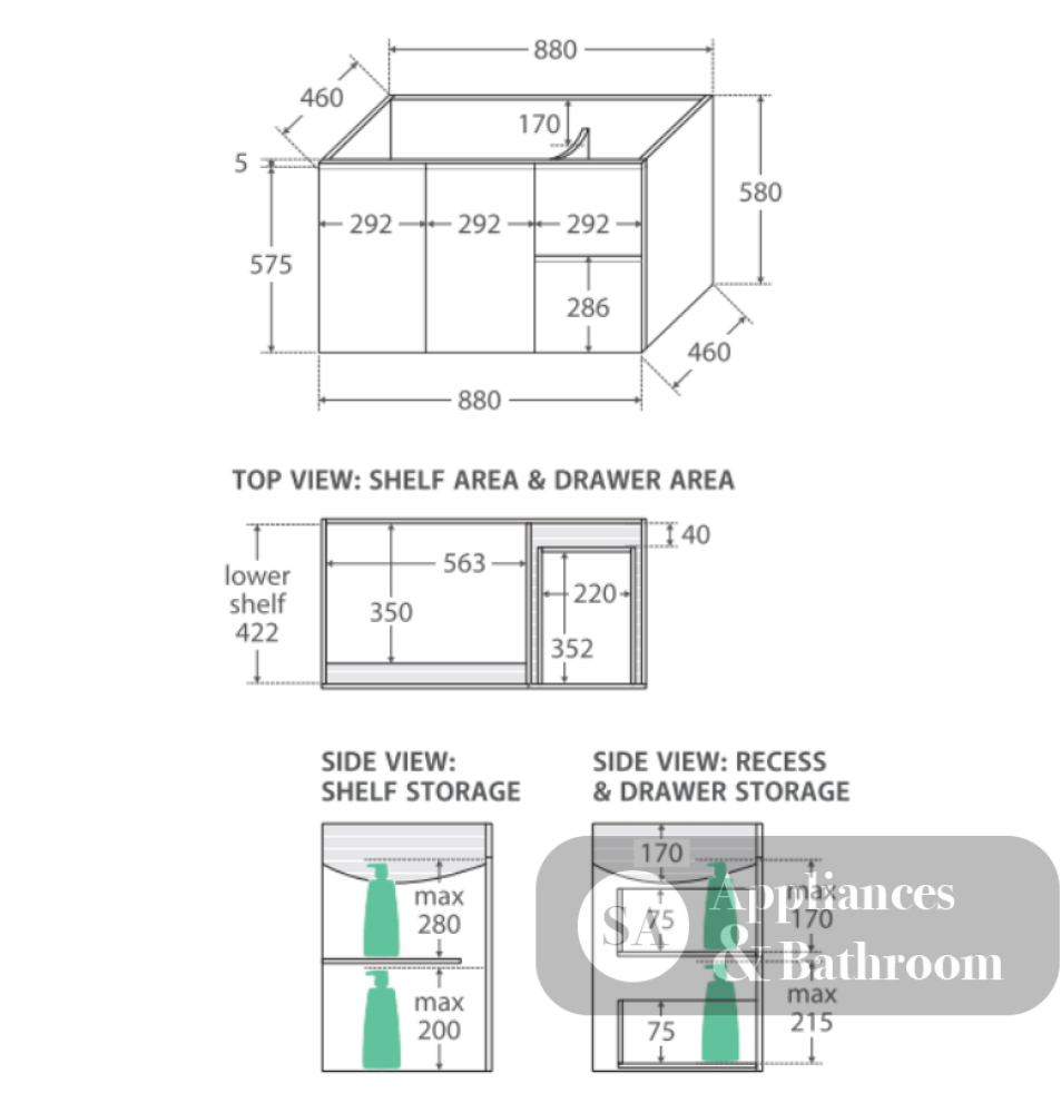 Fienza Sc90Fr 900Mm Crystal Pure Undermount Stone Top Fingerpull Wall Hung Vanity Unit Right Drawers
