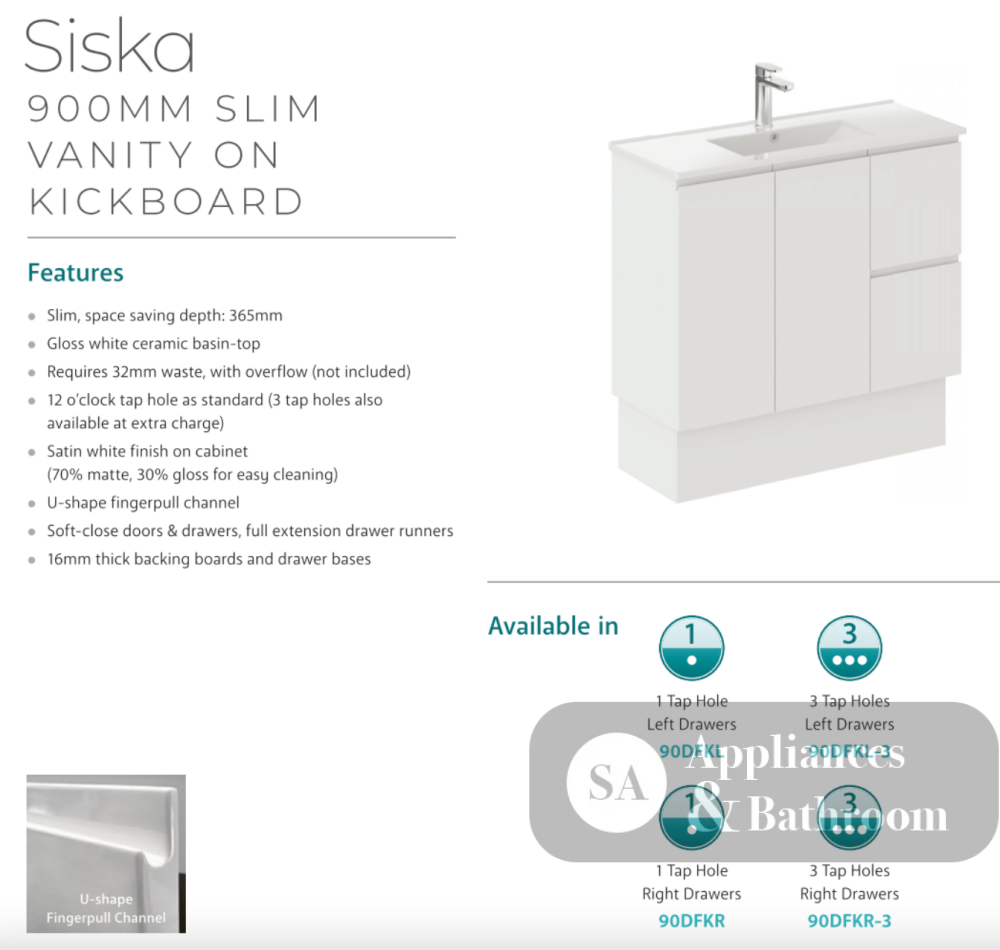 Fienza Siska 90Dfkl Slim 900Mm Kickboard Vanity Unit Left Drawers Satin White - Special Order Units