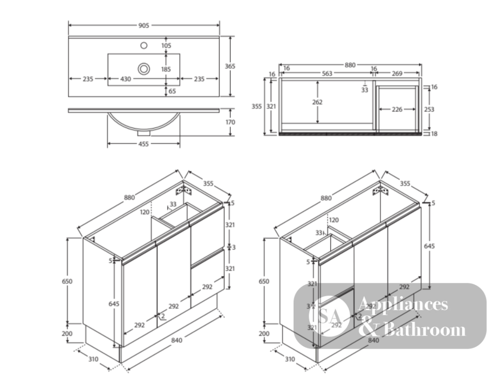 Fienza Siska 90Dfkr Slim 900Mm Kickboard Vanity Unit Right Drawers Satin White - Special Order Units