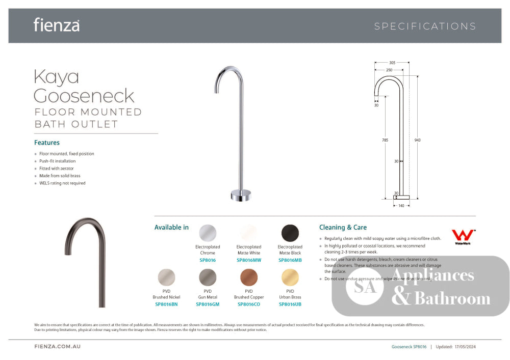 Fienza SP8016UB Kaya Floor Mounted Gooseneck Bath Outlet Urban Brass - Bath Fillers