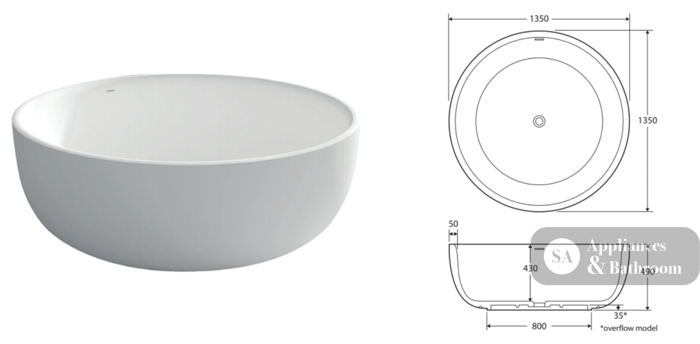 Fienza ST13 Shinto Cast Stone Solid Surface Bath 1350mm Matte White - Freestanding Bath