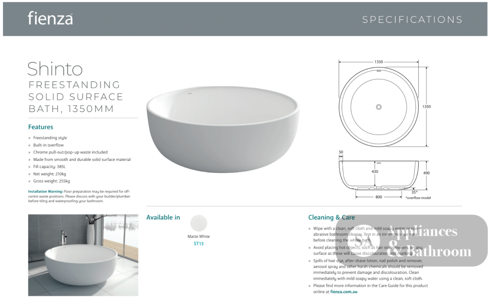Fienza ST13 Shinto Cast Stone Solid Surface Bath 1350mm Matte White - Freestanding Bath