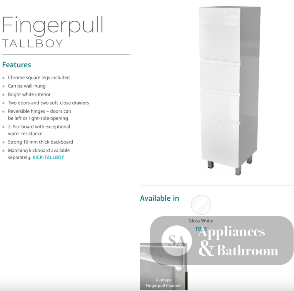 Fienza TB15 Gloss White Fingerpull Tallboy - Bathroom Storage