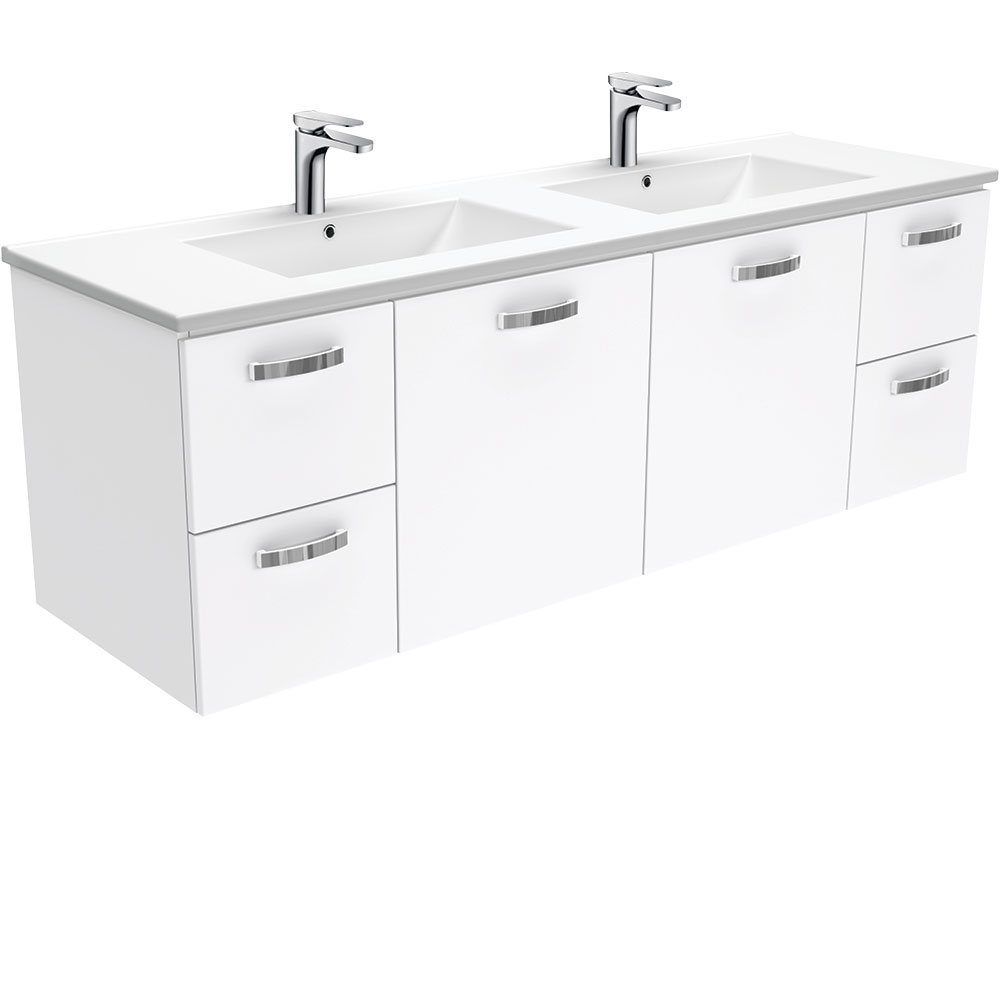 Fienza TCL150JD Dolce Ceramic 1500mm Vanity wall hung with handles (Double bowl) White - Vanities