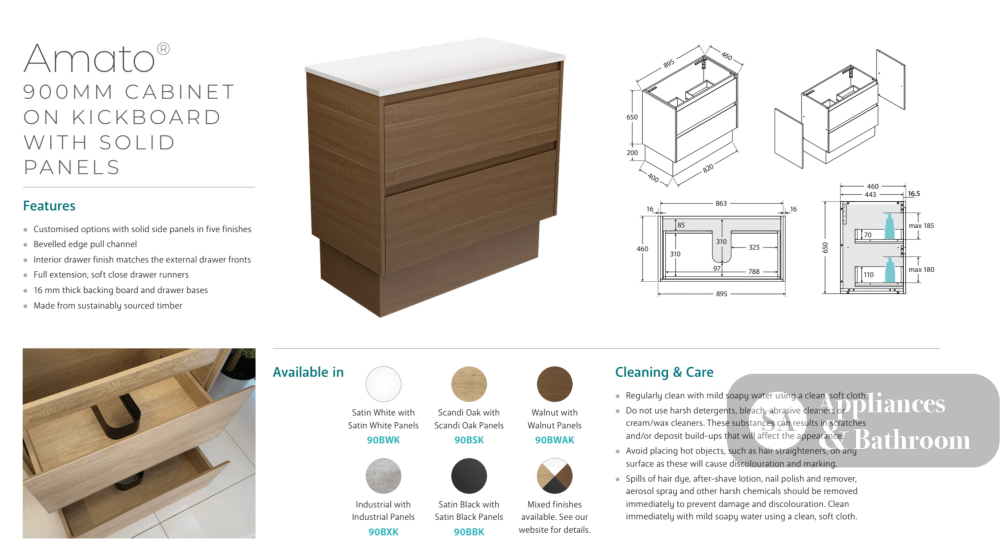 Fienza TCL90BSK Dolce 900mm Scandi Oak Vanity On Kickboard 1 Taphole - Vanity Units
