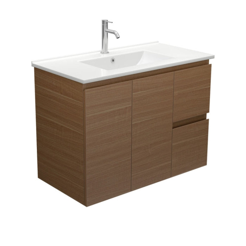 Fienza TCL90WAR Dolce Edge Walnut 900 Wall Hung Vanity Right Drawers