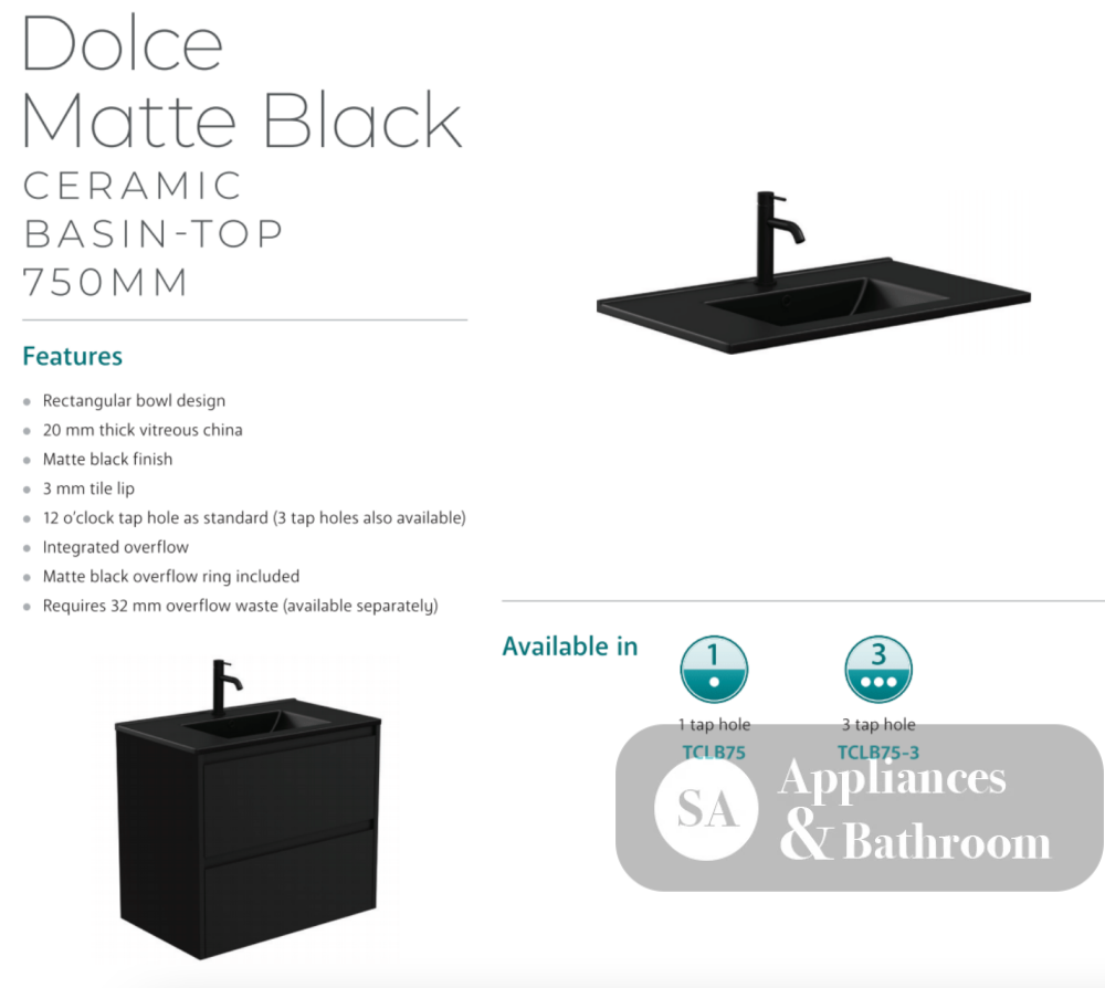 Fienza Tclb75Cl 750Mm Dolce Matte Black Fingerpull Gloss White Vanity On Kickboard Left Drawers -