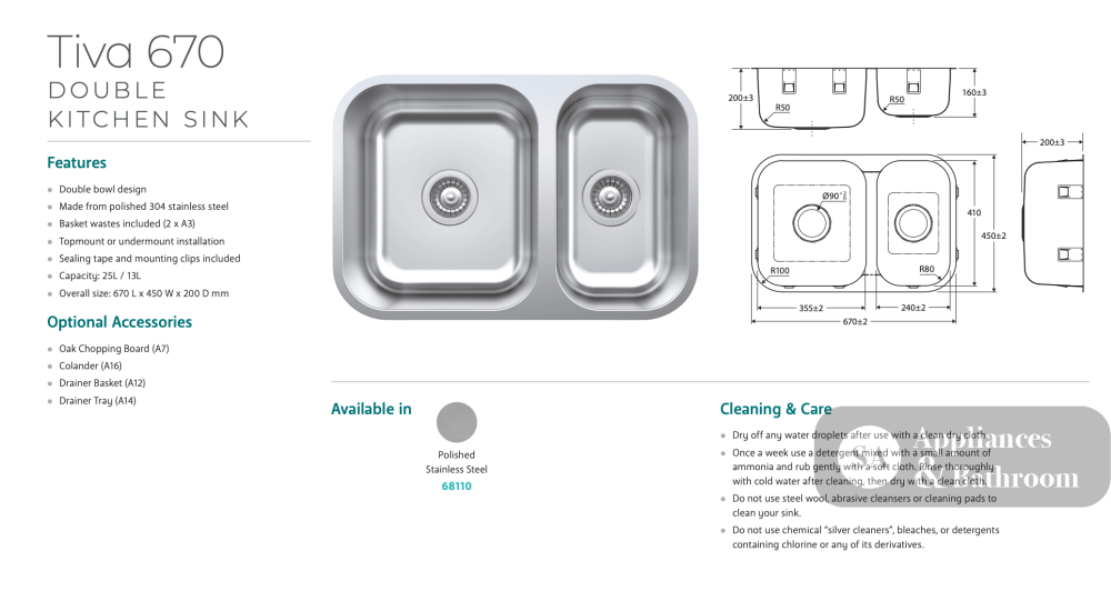 Fienza Tiva 670 Double Kitchen Sink – Polished 304 Stainless Steel | 68110 - Top Mounted Kitchen Sinks