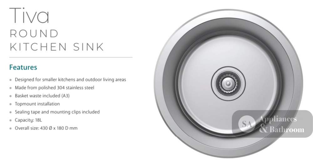 Fienza Tiva 68103 Stainless Steel Round Kitchen Sink - Special Order Laundry Insert Sinks