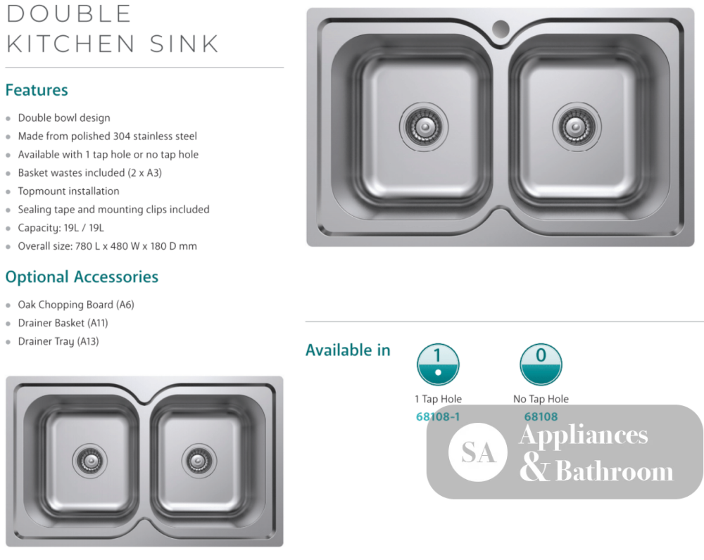Fienza Tiva 780 Double Kitchen Sink 68108-1 Top Mounted Sinks