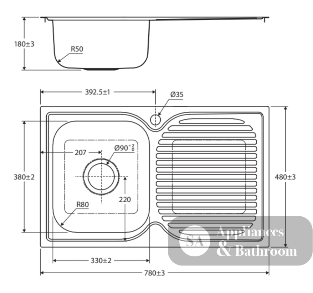 Fienza Tiva 780 Single Kitchen Sink With Drainer Right Bowl 68104R Top Mounted Sinks