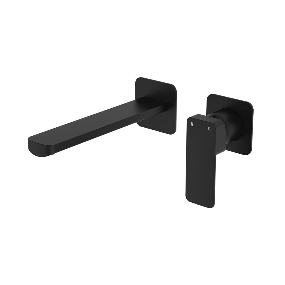 Fienza Tono Square Plates 200mm Outlet Basin/Bath Wall Mixer Set 233104B-200 - Matte Black - Bathroom Wall Mixers