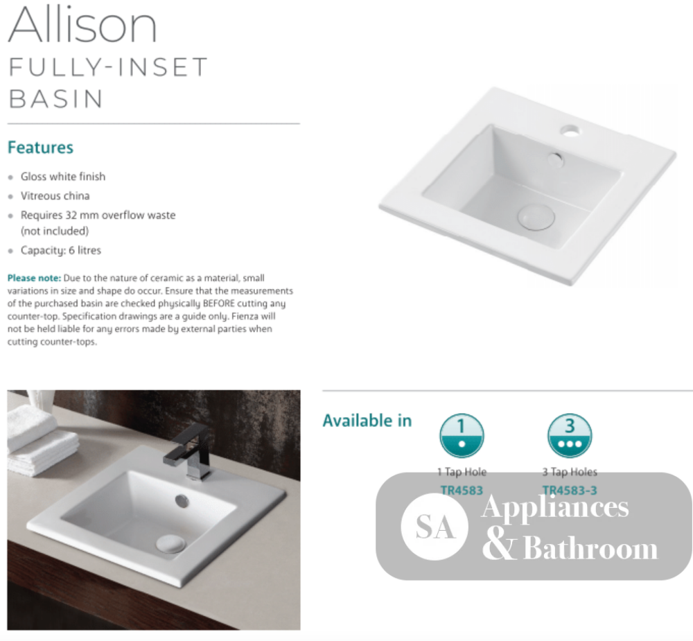 Fienza TR4583 Allison Inset 1 Tap Hole Ceramic Basin White - Basins