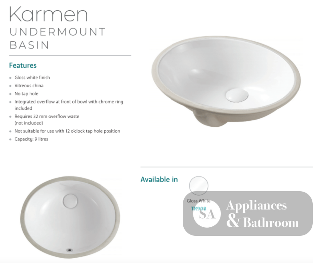 Fienza TR908 Undermount Ceramic Basin Karmen White - Basins